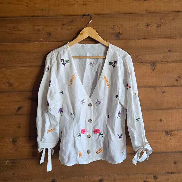 Topshop Floral Top Embroidered Flower Botanical Tie Sleeve Button Down Blouse 12 - Picture 2 of 6
